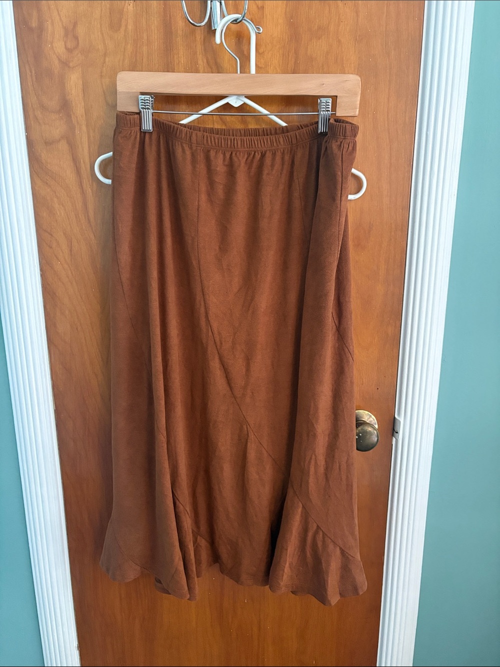 Women's Brown faux suede Midi Skirt with Ruffle Hem